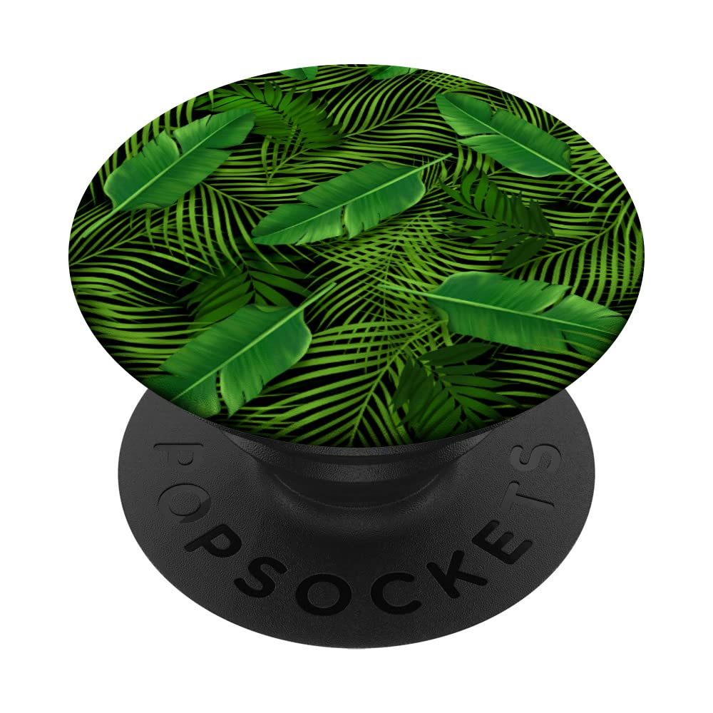 Green Tropical Palm Leaves PopSockets Swappable PopGrip, Black