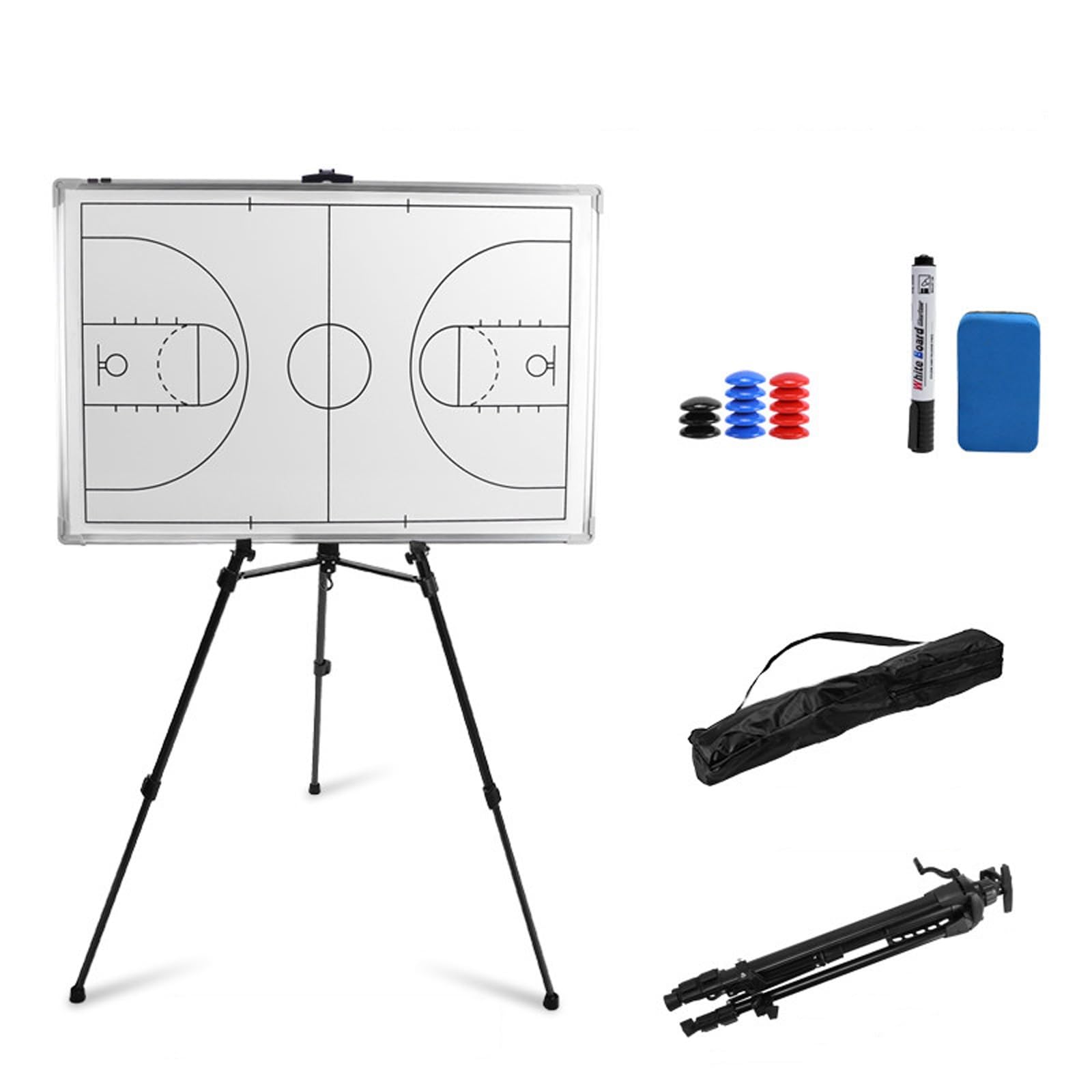 Pizarra Táctica de Baloncesto Portátil, Pizarra Blanca de Entrenador de Baloncesto de Borrado en Seco de Doble Cara, Equipada con Rotuladores, Borrador y Soporte Triangular