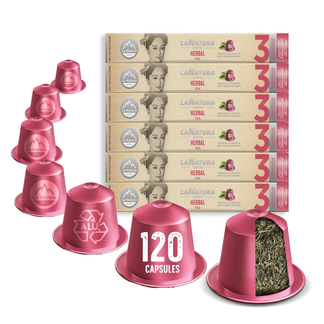 La Natura Lifestyle 120 x herbata ziołowa w kapsułkach aluminiowych, kompatybilne z ekspresami na kapsułki Nespresso®³, w 100% nadaje się do recyklingu, mistrzowskie połączenie wyselekcjonowanych