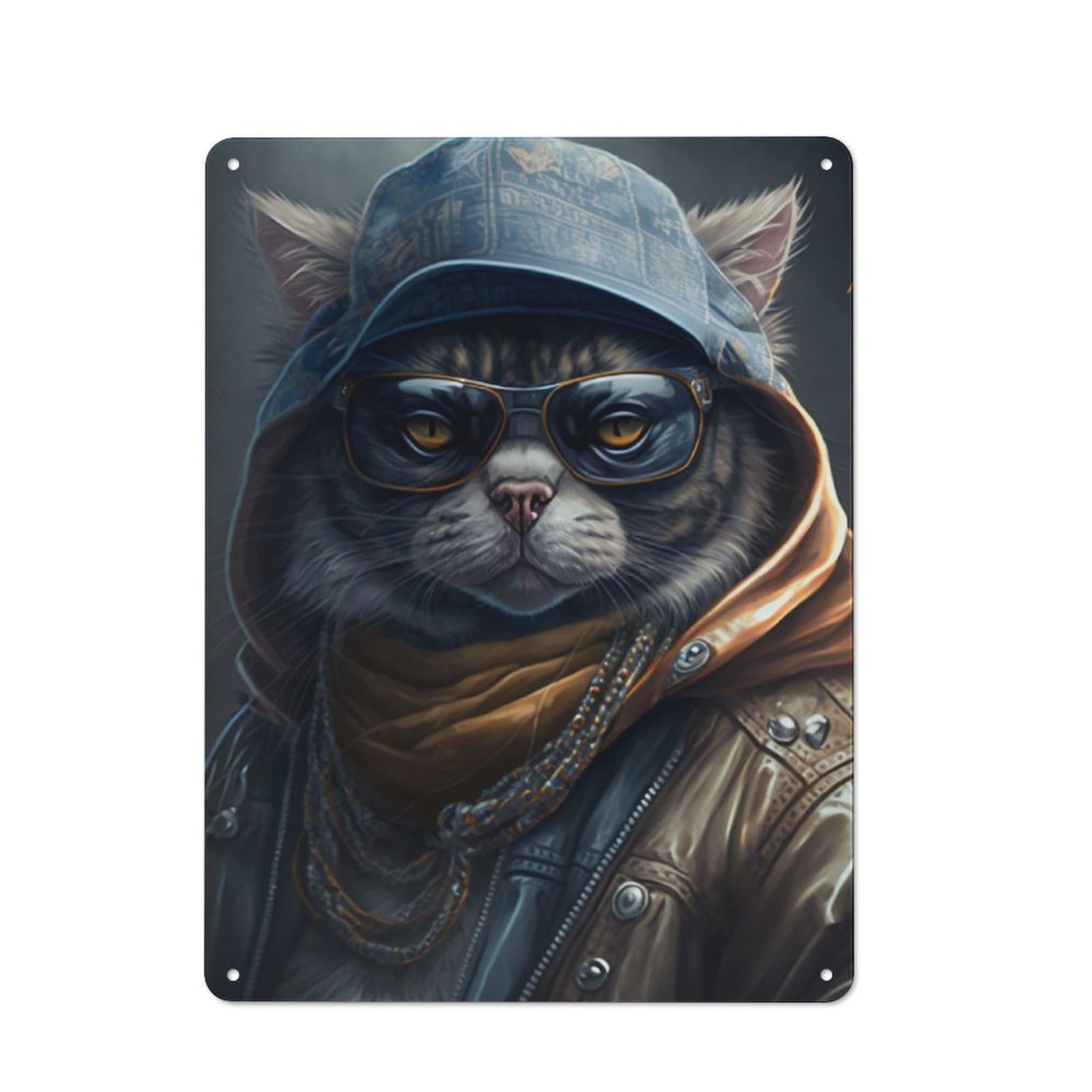 Metal Wall Sign 40x30cm Featuring Rapper Cat with Glasses for Garage Or Workshop, Suited to Workshop Owners