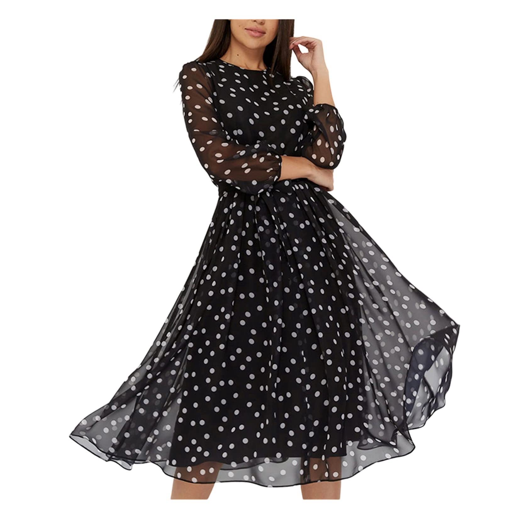 Dawwoti Abiti da Donna Abito in Chiffon A Maniche Lunghe A Pois Sciolto con Cintura per La Primavera Abito Casual Estivo