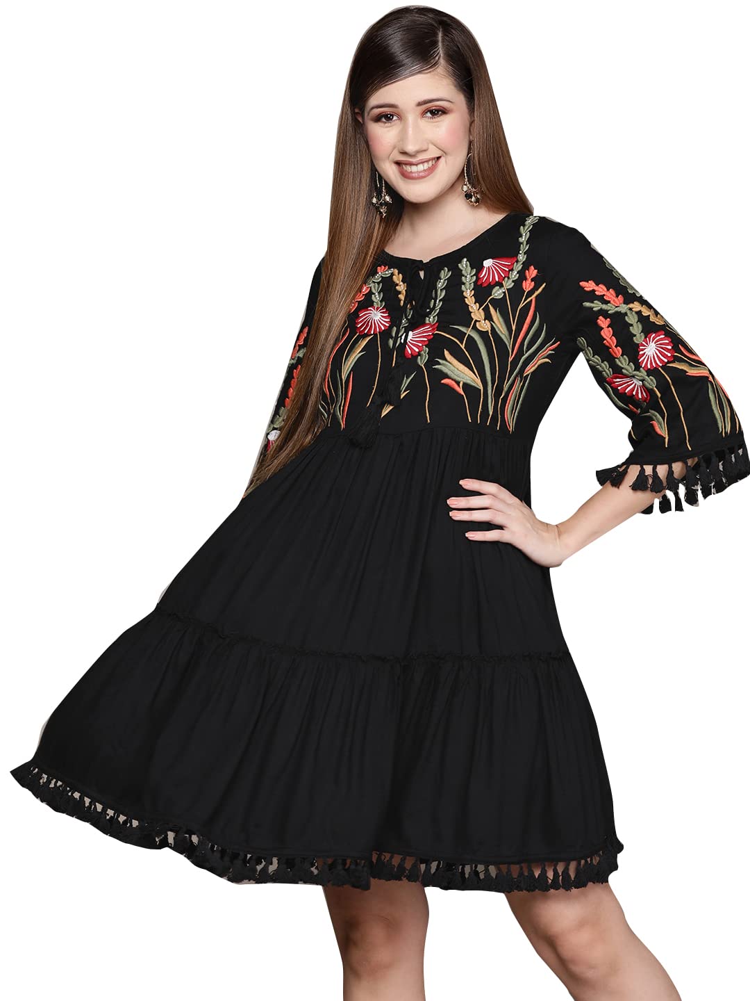 Ishin Women's Knee Length Viscose Rayon Embroidered Floral Black A-Line Dress Topgdw-23008_M_Black