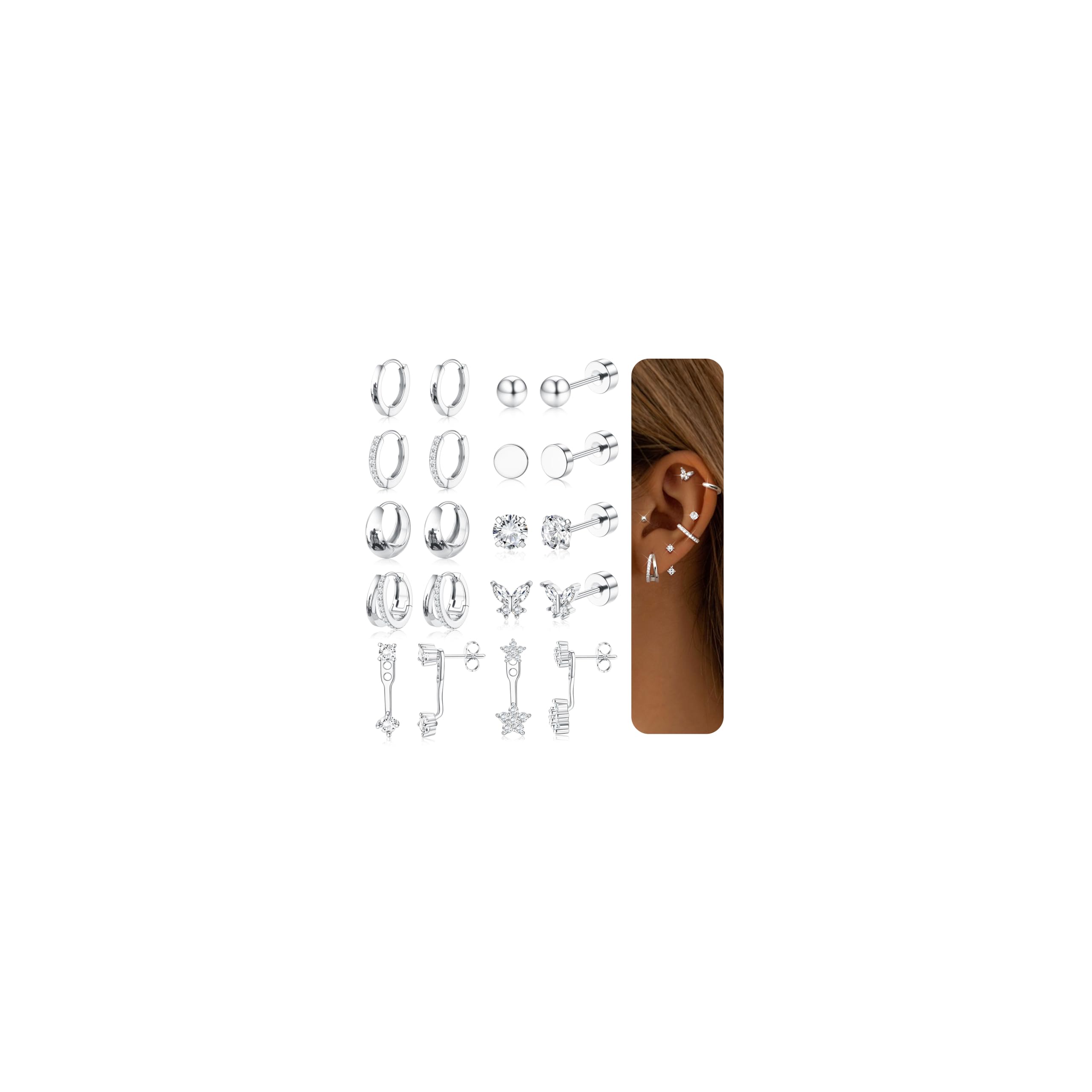 FIOROYAL Set 7 Paia Orecchini Donna – Acciaio Chirurgico Placcato Oro 14K – Cerchi E Borchie Con Zirconi – Anallergici A Vite