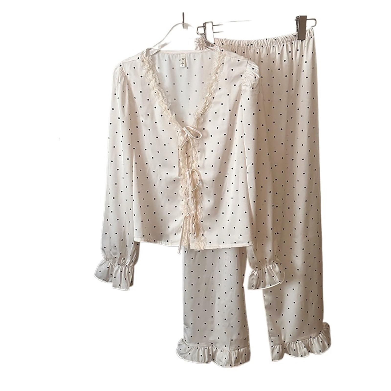 Conjunto de Pijama 2 uds con Borde Volantes Lunares, Ropa Dormir Seda Helada for Primavera y Verano, Holgada Suave Manga Larga Cuello en V for Mujer para Descanso en casa