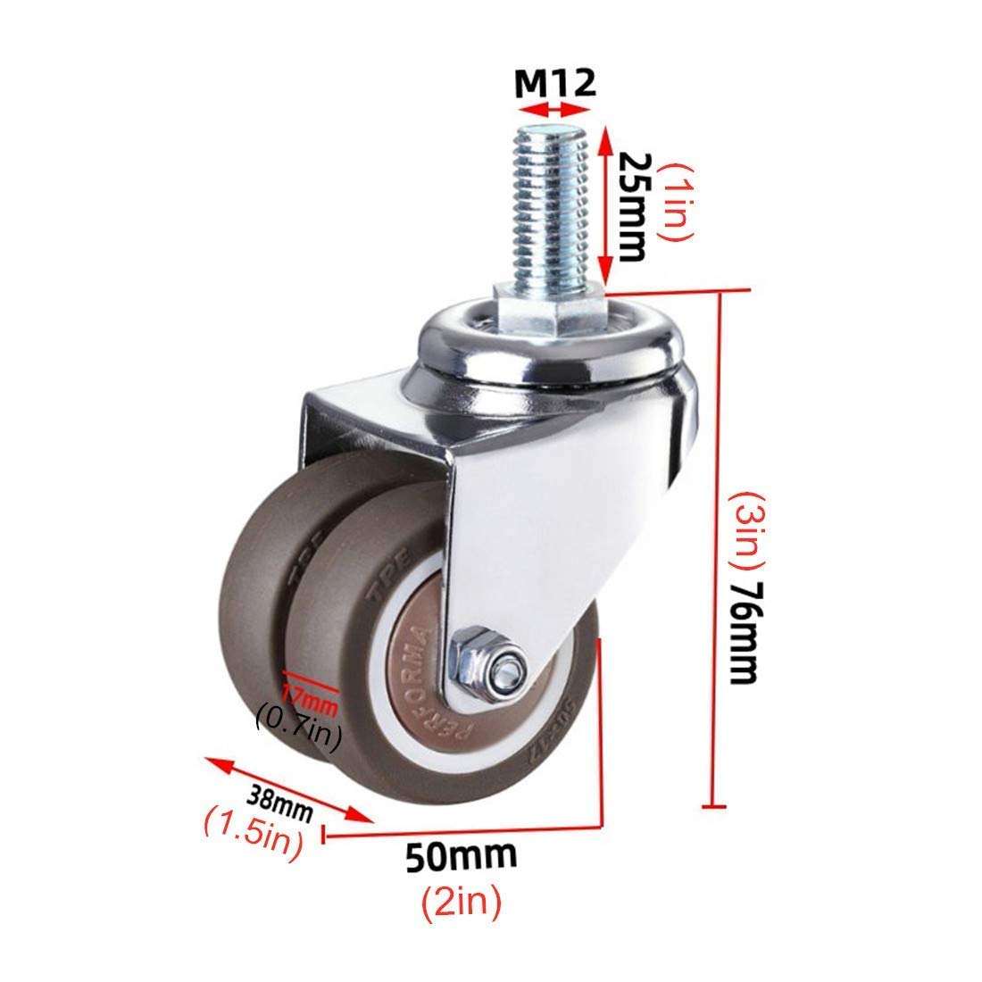 roulettes pivotantes à Tige filetée M12x25mm, roulettes industrielles, Roue pivotante en Caoutchouc Robuste, Double Roulette, roulettes de Rechange pour Meubles, Lot de 4 (universelles 50 mm