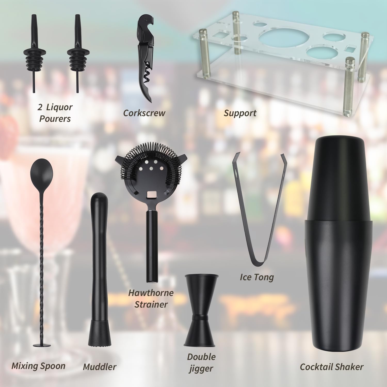 VG Cocktail Shaker Set Boston Bartender Kit with Stand, Stainless Steel Bar Set, Mixology Bartender Kit for Drink Mixing (Matte Black)