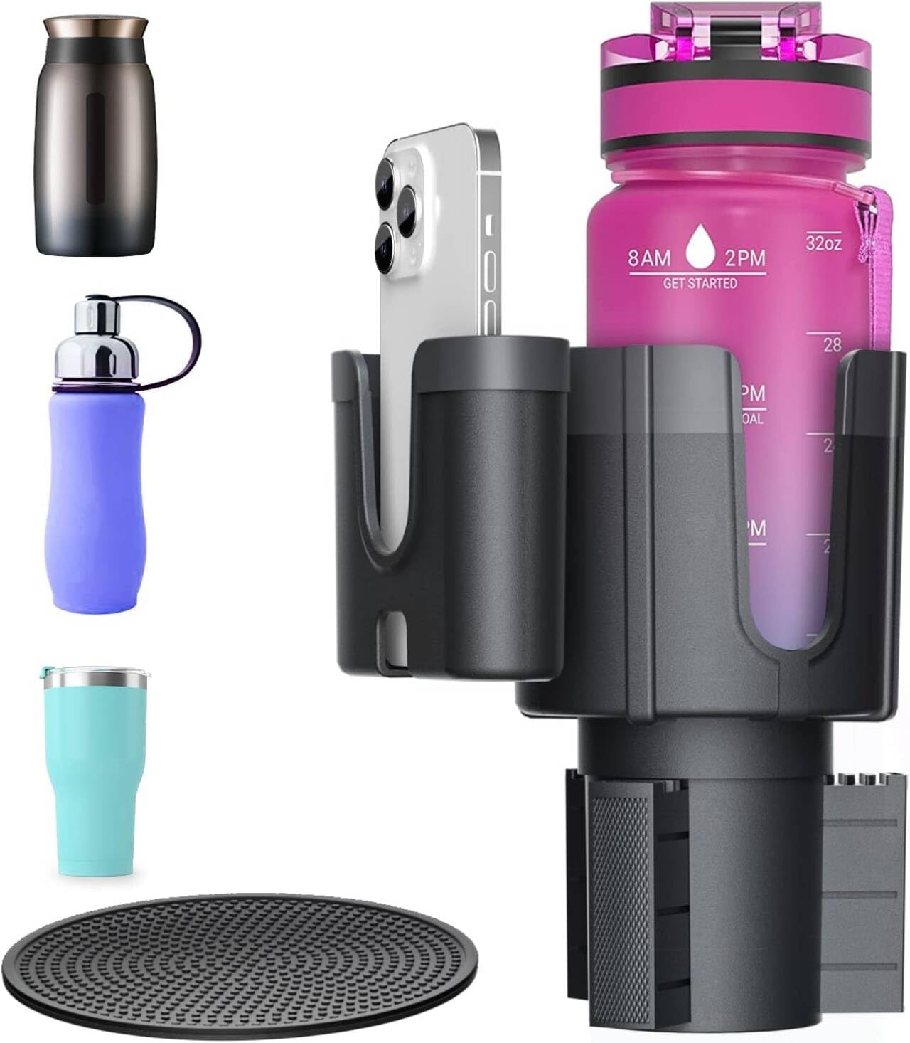 2 in 1 Car Cup Holder Expander Adapter with Phone Holder Adjustable Base Fits Most Cup Holder and Phones, Compatible for Yeti 20/26/30 oz Hydro Flasks Large 32/40oz, Diameter Bottles in 3.2"-4.0''