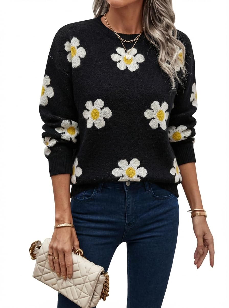 Womens Daisy Sweater Fall Winter Long Sleeve Pullover Loose Fit Flower Knit Sweater Tops
