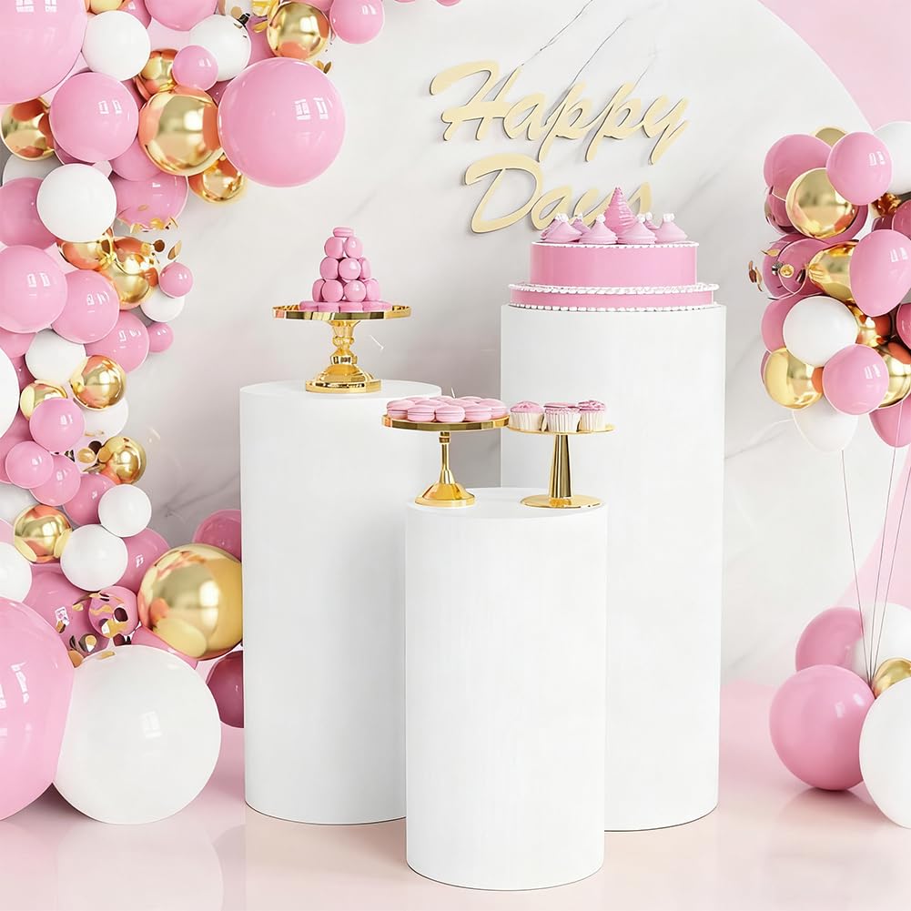 CREATCABIN Set of 3 White Cylinder Pedestal Stand Covers Spandex Cylinder Stand Covers Plinth Pedestal Cover Elastic Cloth Event Round Display for Party Backdrop Birthday Wedding(Without Stands)
