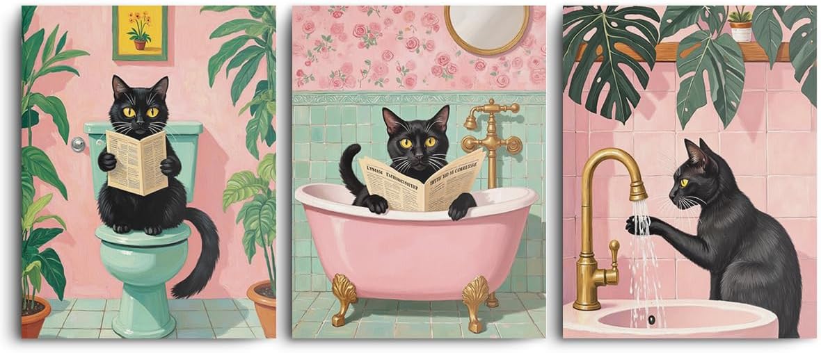 3 Pcs Funny Cat Bathroom Canvas Wall Art, Humorous Cat Restroom Wall Decor Framed Prints for Home Bathroom Apartment Decor, Funky Animal Reading Newspaper Prints for Home Decor 11.5x15 Inch