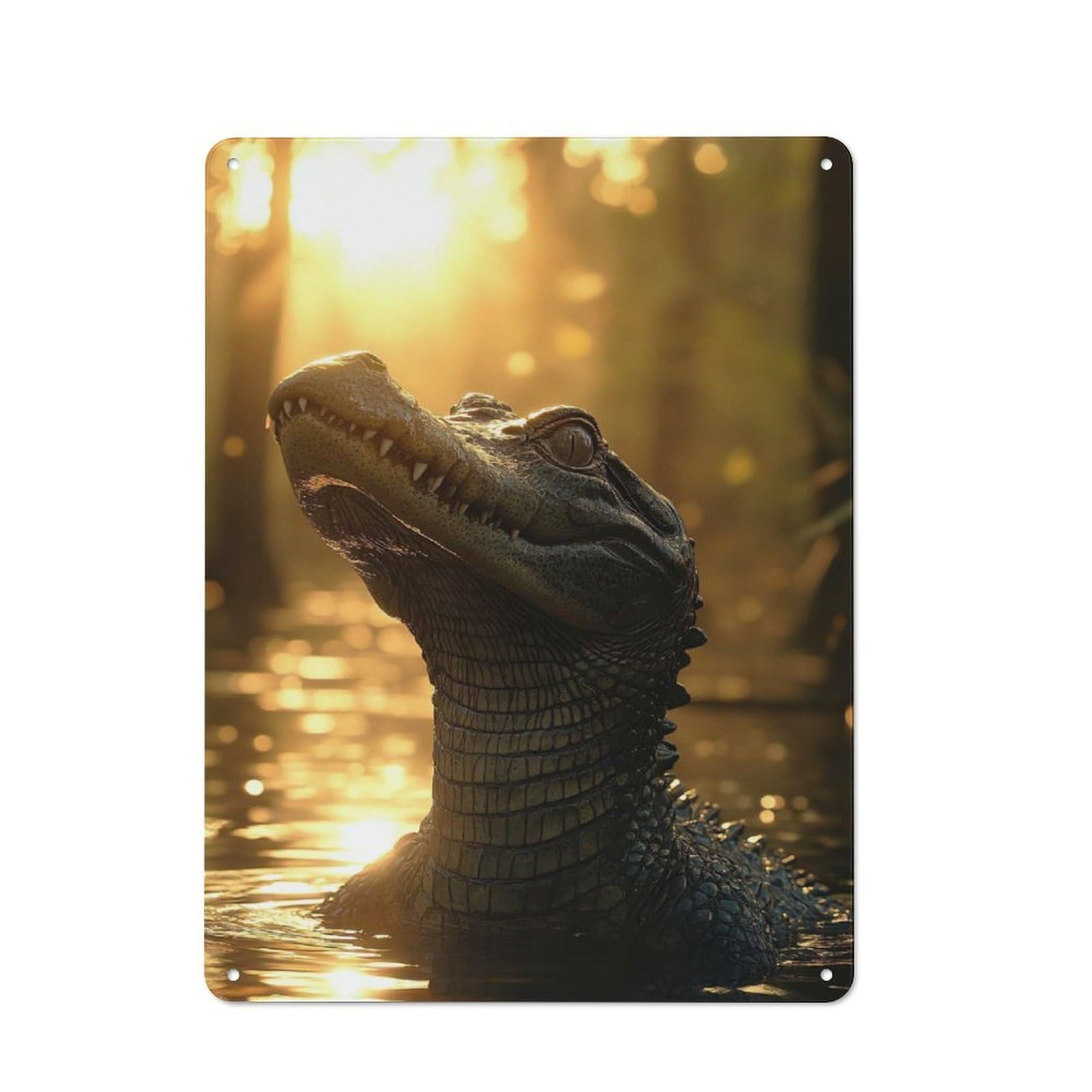 Junmoney Style-20 Tin Wall Plaque 40X30cm With Alligator In Golden Light For Guest Room Or Hallway, For Garage, Workshop And Man Cave Decoration