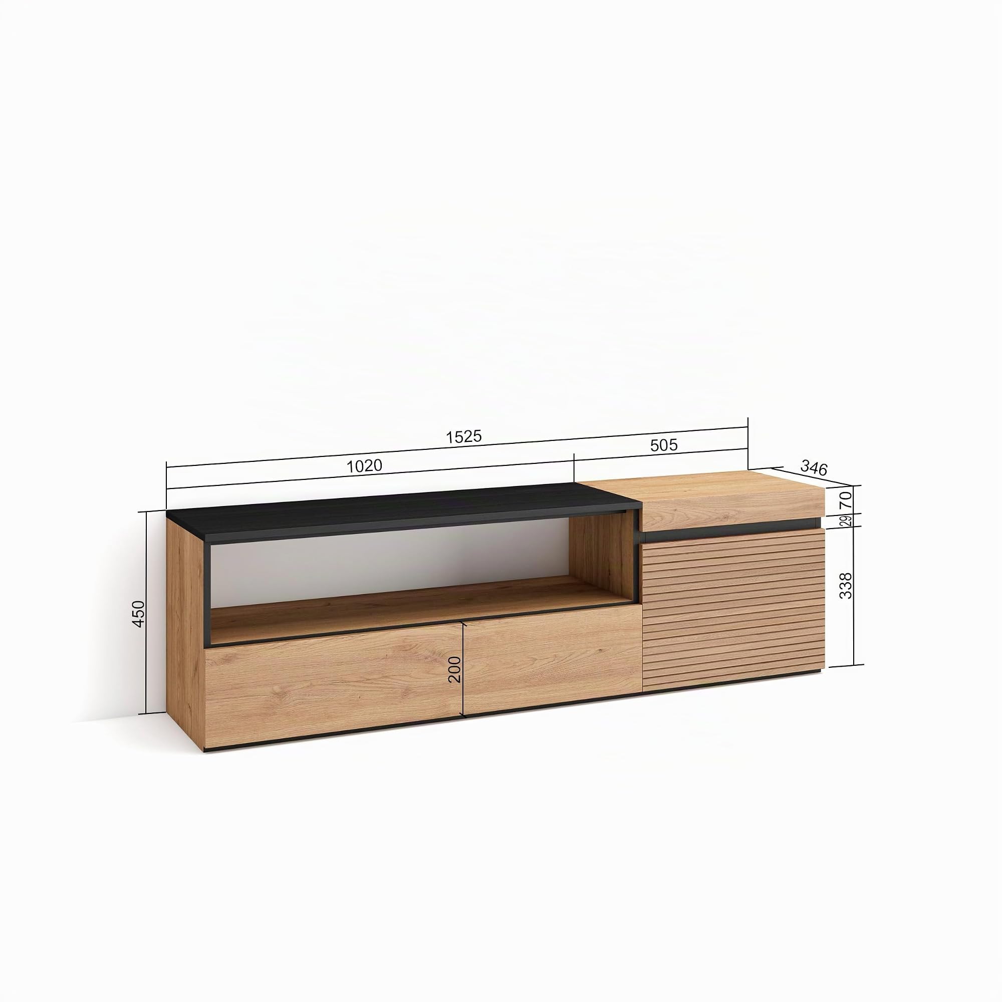Skraut Home | Mueble TV | Televisión | Muebles de salón, almacenaje | 150x45x35cm | para TV hasta 65" | con Almacenamiento | Estilo Moderno | Roble