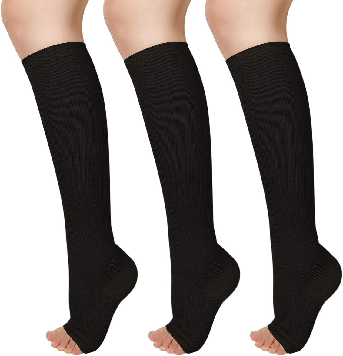 3 PAIRS Compression Socks for Women & Men, Open Toe Medical Compression Stockings Knee High 15-25mmHg for Nurses Running Flying Pregnancy Flight Sports, Fit for Swollen Ankles Varicose Veins