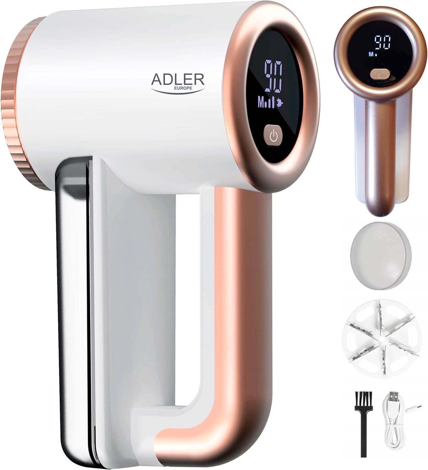 ADLER EUROPE AD9617 Rasoio elettrico per vestiti, tessuti, maglioni, display LCD, 3 velocità, lama in acciaio inox, a batteria