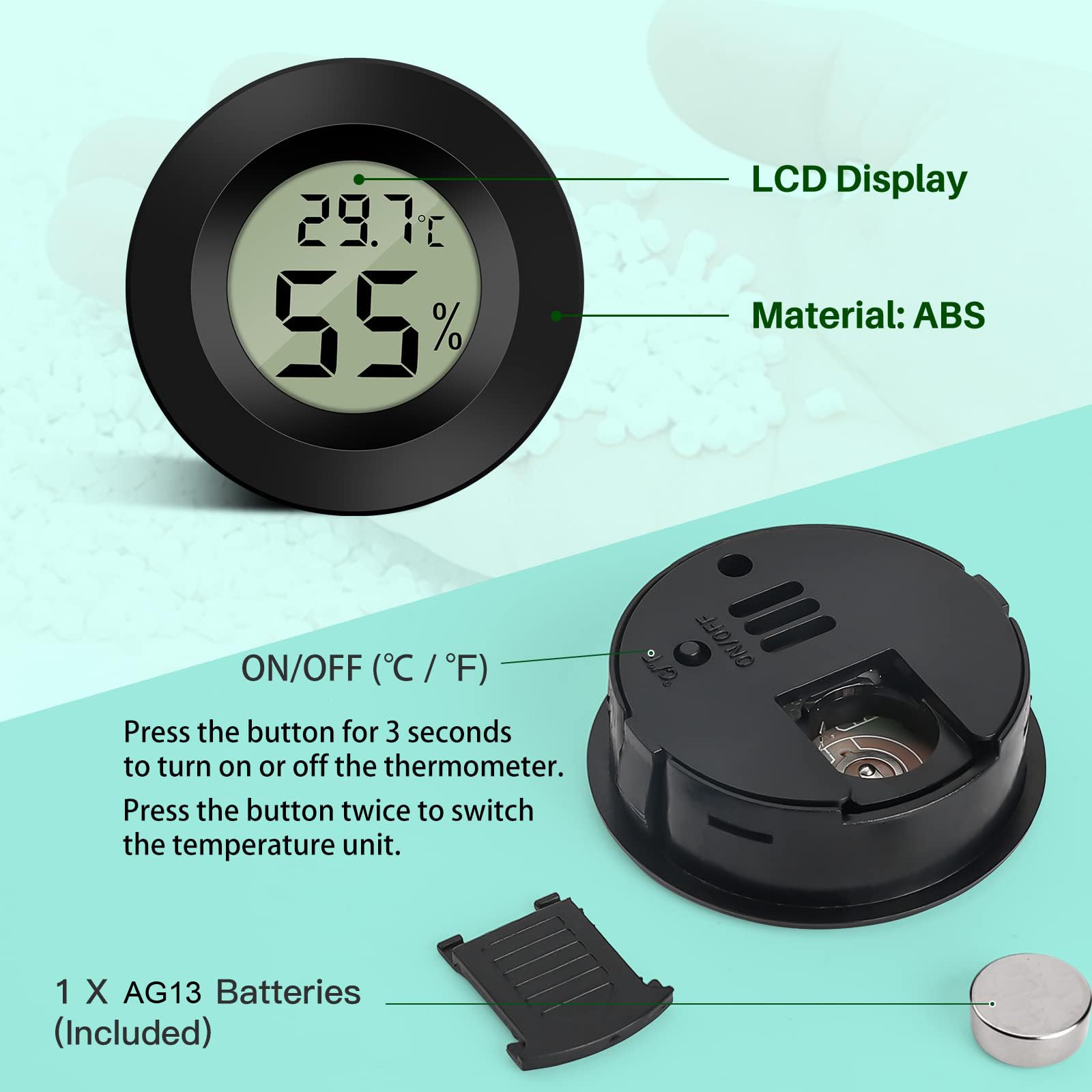 zalati Termometry dla gadów 2 szt. Wbudowany termometr higrometr 2 w 1 LCD do terrarium cyfrowy inkubator drobiu - 1 sztuka czarny i 1 szt. biały
