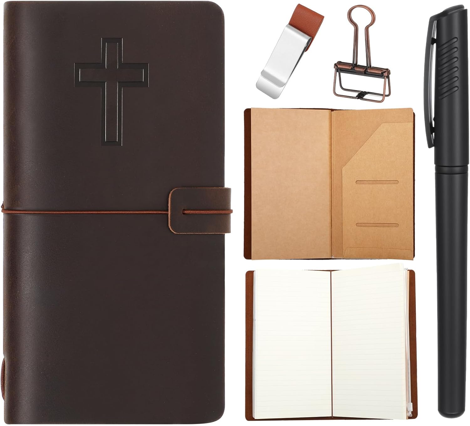 Thenshop Refillable Leather Travelers Journal Religion Notebook Passport Size 8.5 x 4.5 Travel Diary Handmade Travelers Journal for Men and Women with 3 Notebook Inserts, Pen Holder, Binder Clip