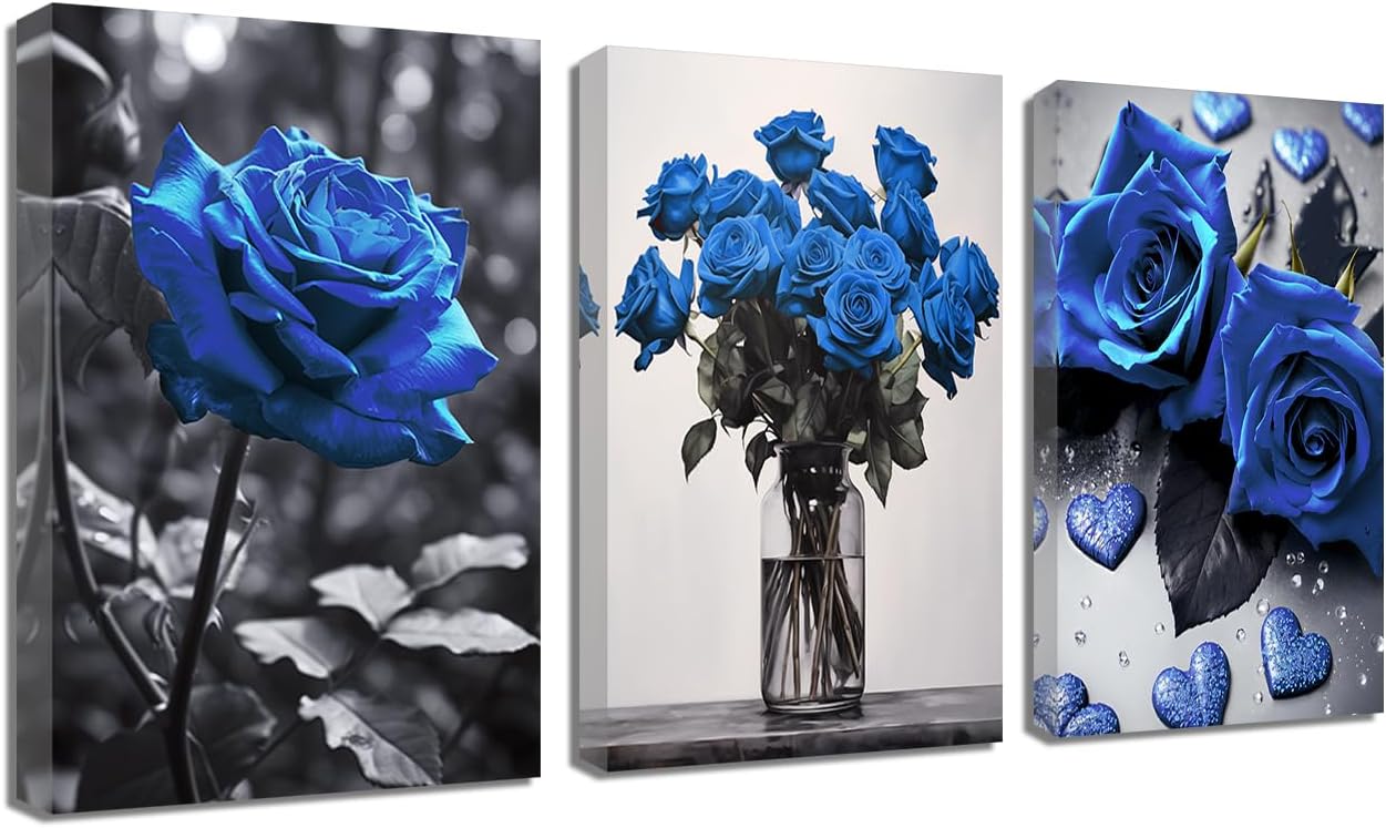 ZQQART Pink Rose Wall Art 3 PCS Bloom Pink Flower Canvas Prints Rustic Black and White Pink Floral Painting for Girls Room Wall Decor (Pink12.00" x 16.00" x 3)