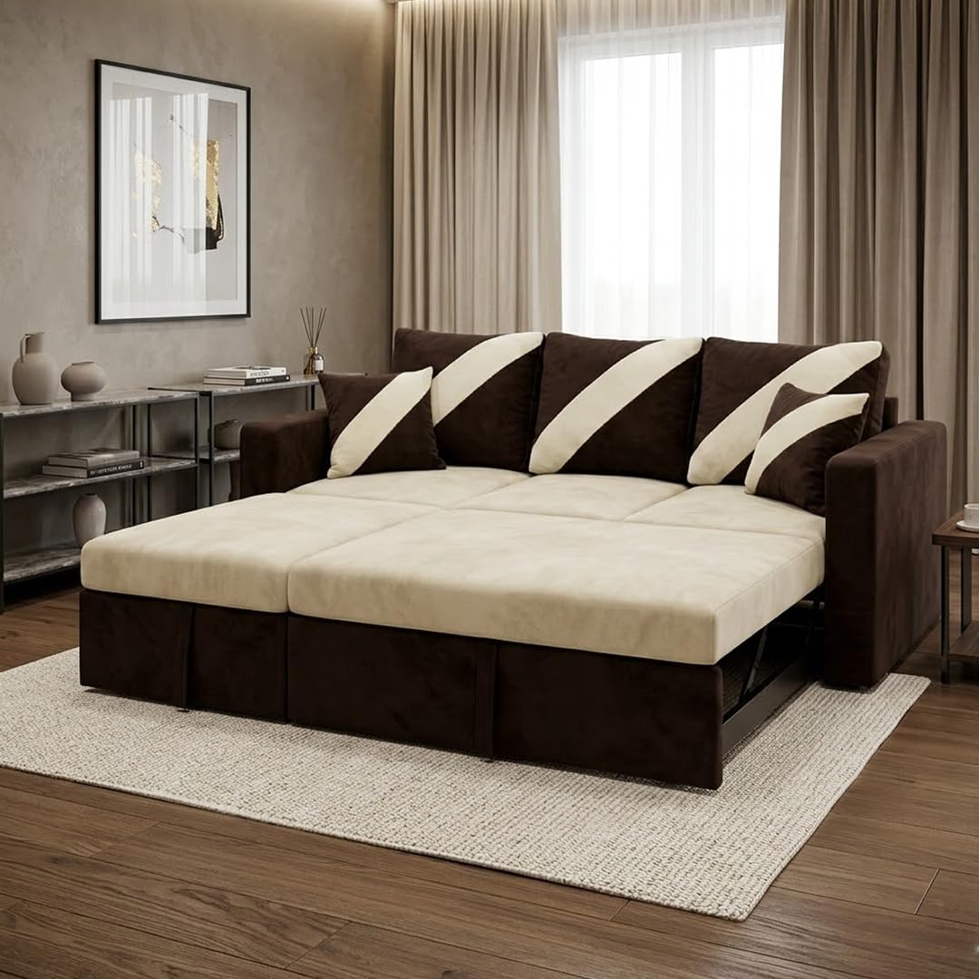 FURNY Trivia 4 Seater LHS Lounger Sofa Cum Bed (Dark Brown - Cream) with Pull-Out Function | Luxury Velvet Suede Finish | Durable Comfort | Ideal for Living Room