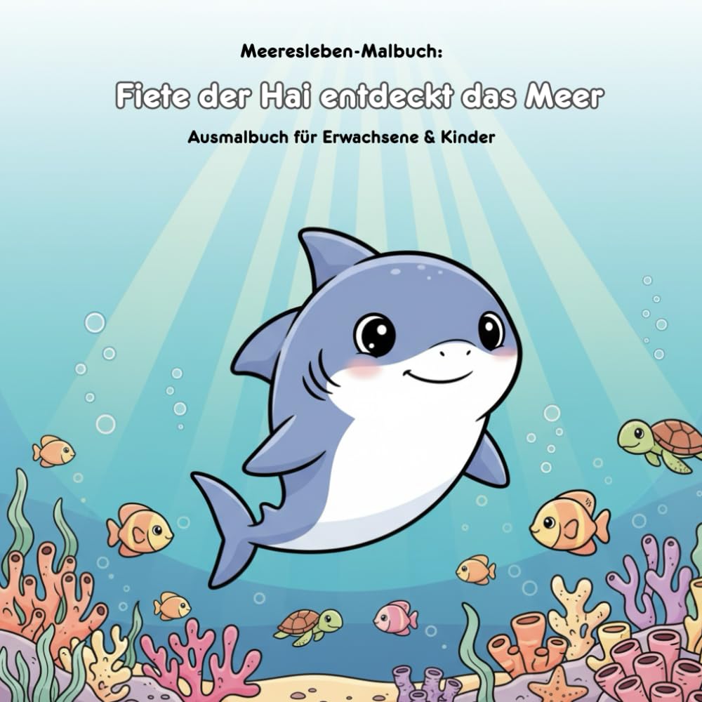 Fiete der Hai entdeckt das Meer: Geschichte & Malbuch: Für Kinder & Erwachsene: 36 Ausmalbilder mit Haien und Unterwasserwelt – Eine bezaubernde Geschichte auf 21.59 x 21.59 cm