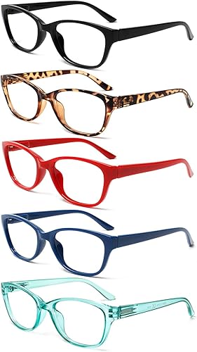 Miniatura 7 de Henotin Paquete de 5 lentes de lectura para mujer, elegantes lentes de lectura con bloqueo de luz azul, marco vintage de ojo de gato