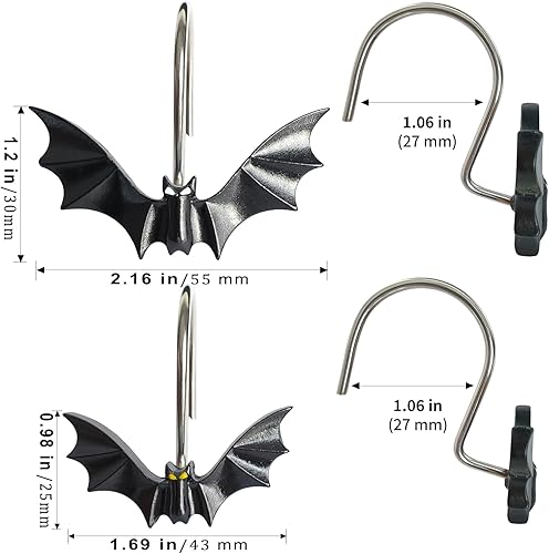 Miniatura 5 de CHICTIE Ganchos de cortina de ducha de Halloween, bonitos anillos de ducha decorativos de murciélago para cortinas de ducha, juego de 12 ganchos de
