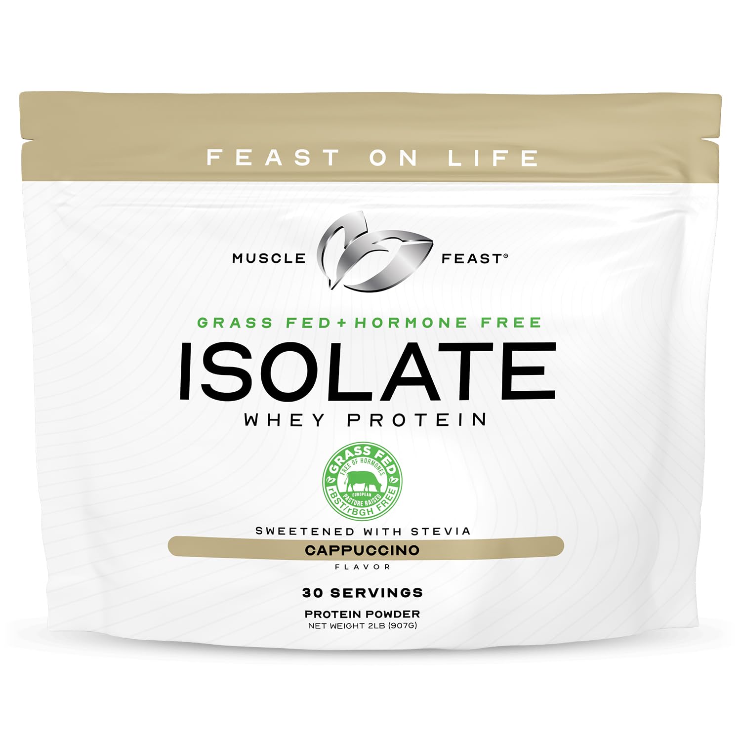 Muscle Feast Grass-Fed Whey Protein Isolate, All Natural Hormone Free Pasture Raised, Whey Isolate Protein Powder for Men and Women, Clean, Gluten-Free, Delicious Isolate Protein - Cappuccino, 2lb