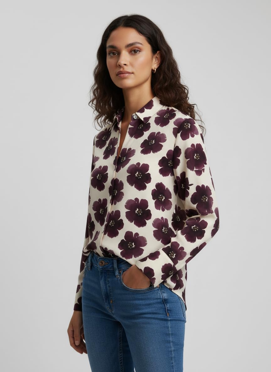 ANNI Designer Bedrucktes Damenhemd aus Baumwollmischgewebe, langärmelig, normale Passform, Hemdkragen, legere Bürokleidung, elegante Western-Kleidung für den Alltag, Hochzeit, Party