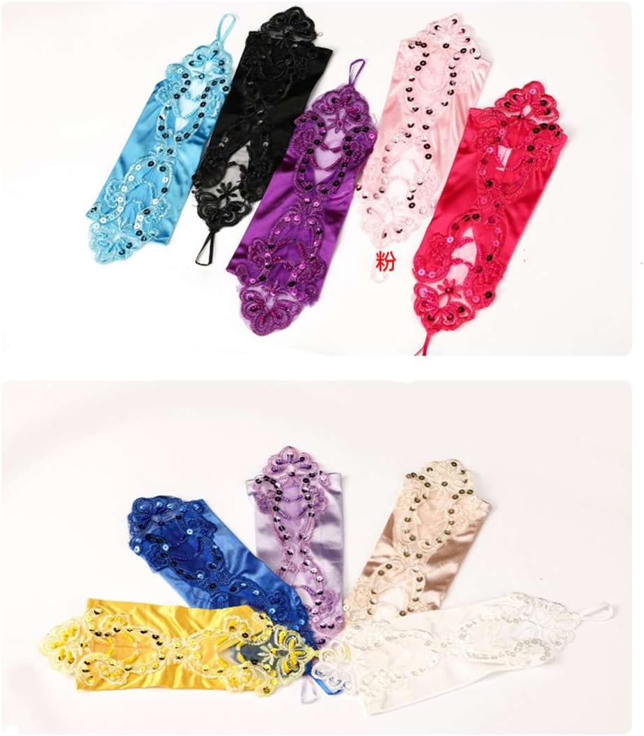 Women Fingerless Satin Evening Gloves Sequins Pearls Elbow Length Opear Theater Gloves