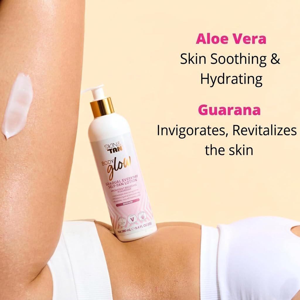 Skinny Tan Body Glow Gradual Tan Lotion - Lightweight, Fast-Absorbing Formula - Coconut and Vanilla Scent - Enriched with Aloe Vera and Guarana - Natural, Streak Free Gold Color - Medium - 9.4 oz