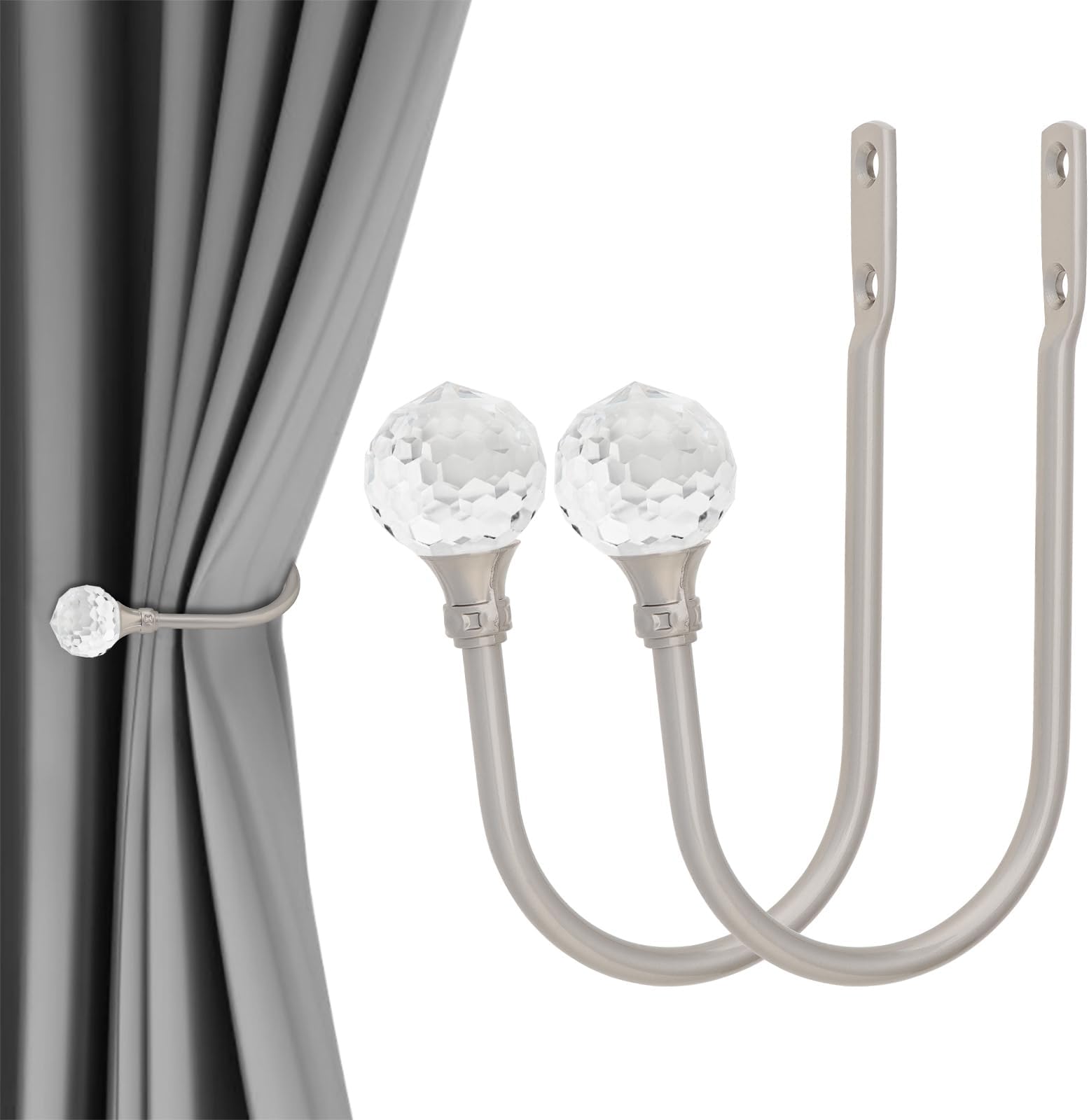 Curtain Holdbacks, 2 Pack Wall Mounted Drapery Tiebacks with Clear Crystal Ball, Window Curtain Hooks Holder for Home Decor (2, Silver)