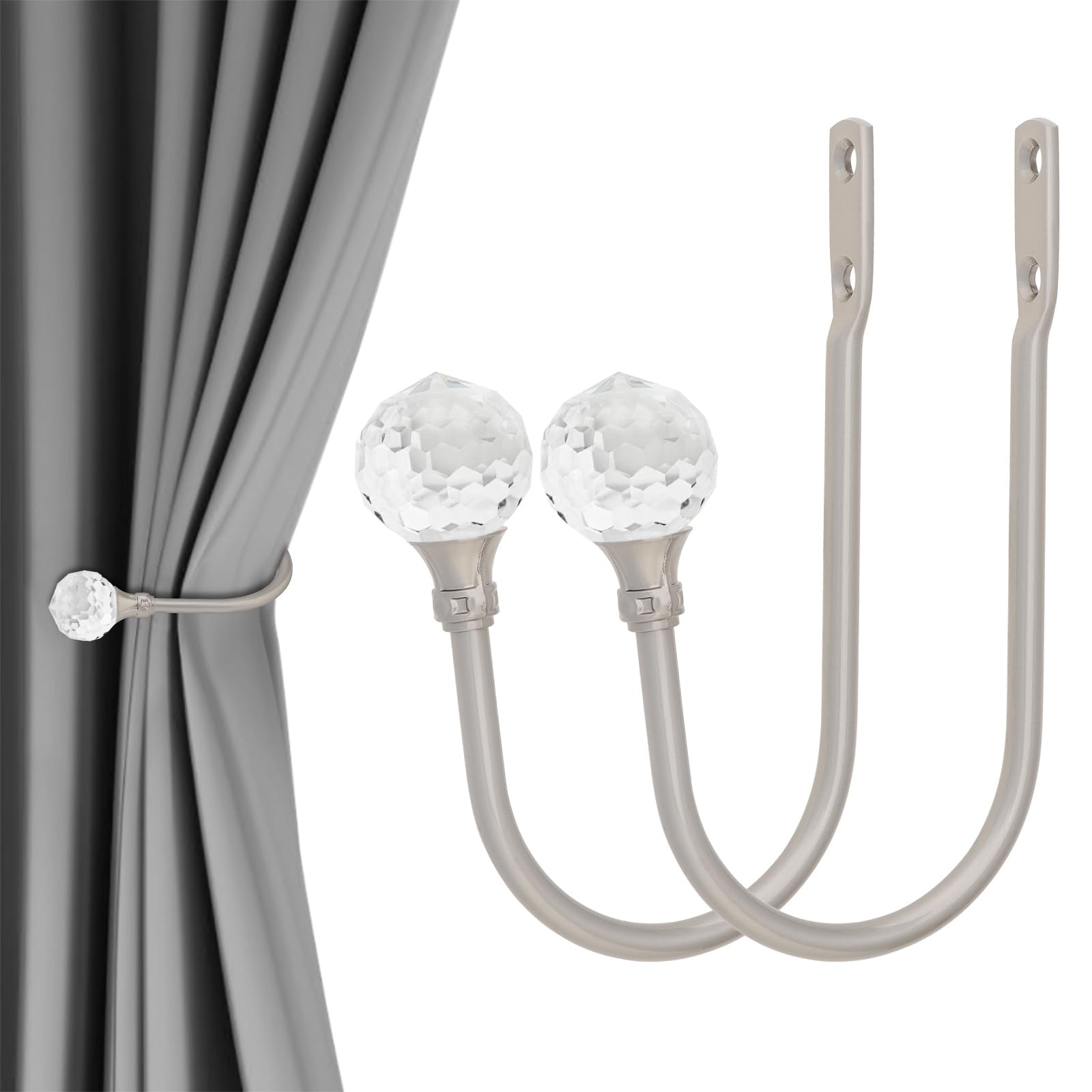 Curtain Holdbacks, 2 Pack Wall Mounted Drapery Tiebacks with Clear Crystal Ball, Window Curtain Hooks Holder for Home Decor (2, Silver)