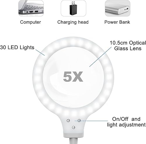 Miniatura 3 de Lámpara de aumento LED de 5 aumentos con abrazadera con táctil inteligente, regulable, ajustes regulables para manualidades, lectura, trabajo,