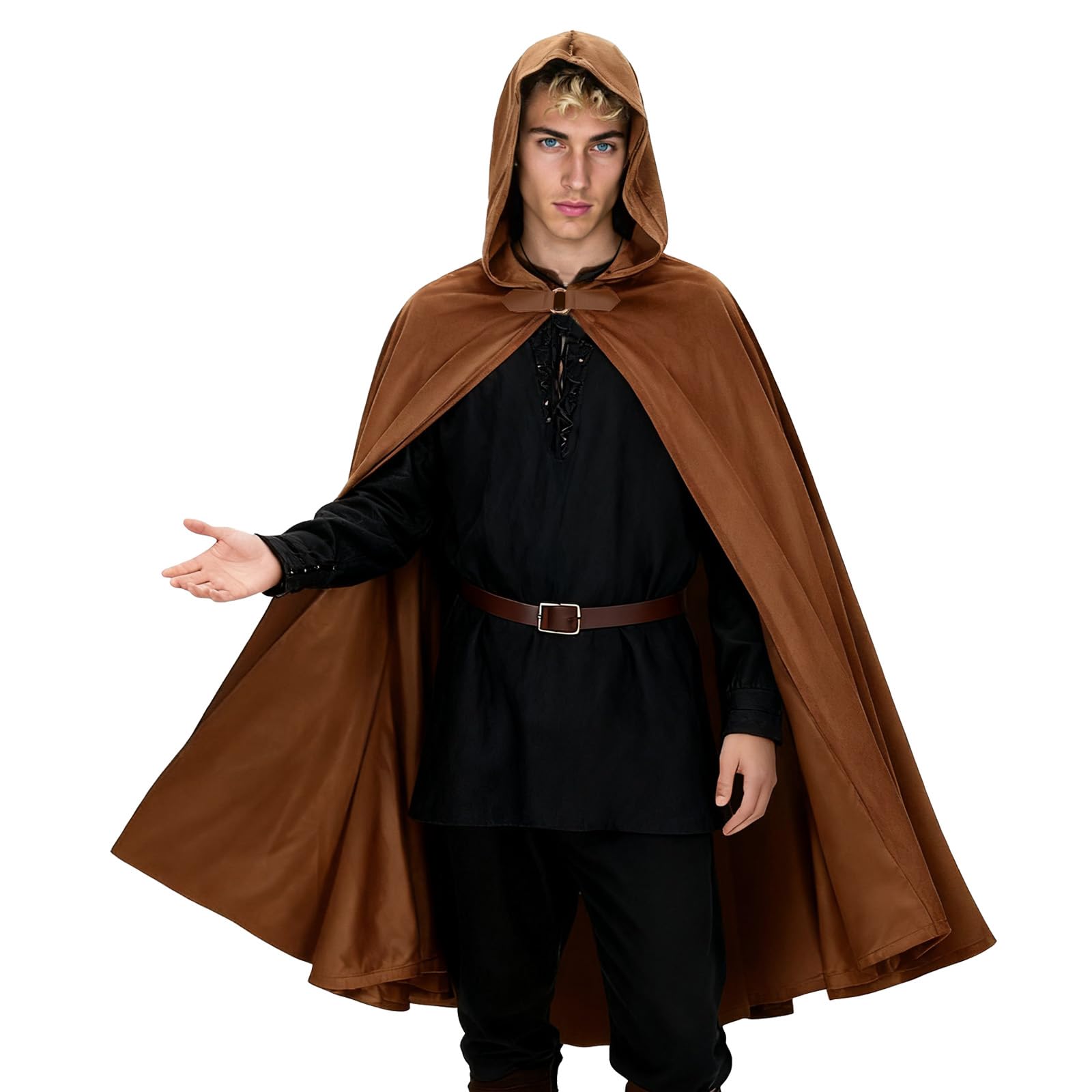 nezababy Medieval Cloak With Hood Renaissance Velvet Cape Ren Faire Fantasy Elf Cape Victorian Ren Faire Viking Costume (Brown, 100 cm)
