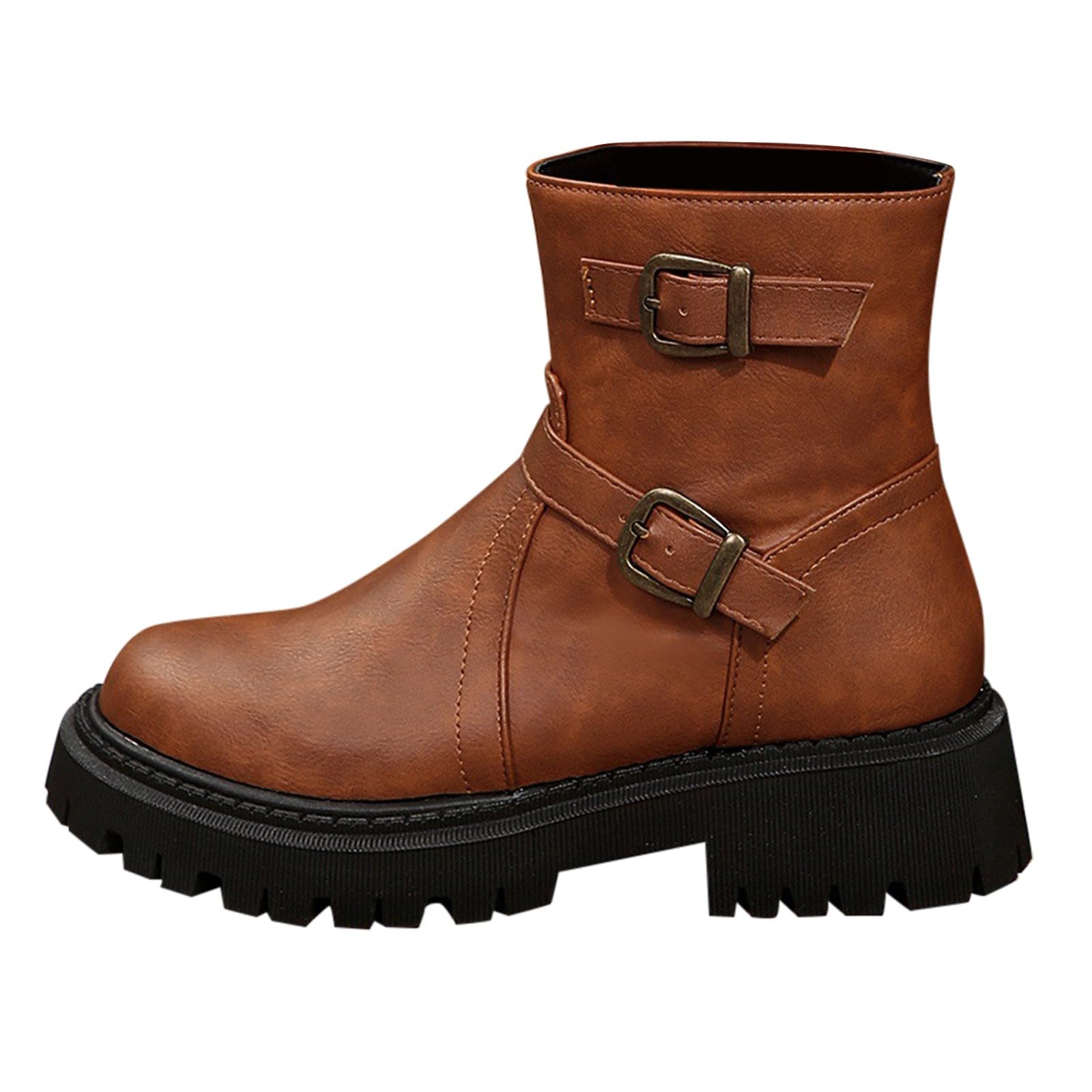 Cocila Botas De Pu Con Hebilla Cinturón Y Cremallera Lateral Cabeza Redonda Comercio Exterior Para Mujer, Estilo Europeo Americano, Otoño E Invierno, Nuevas Tobillo Mujer Invierno Tacon Vestir