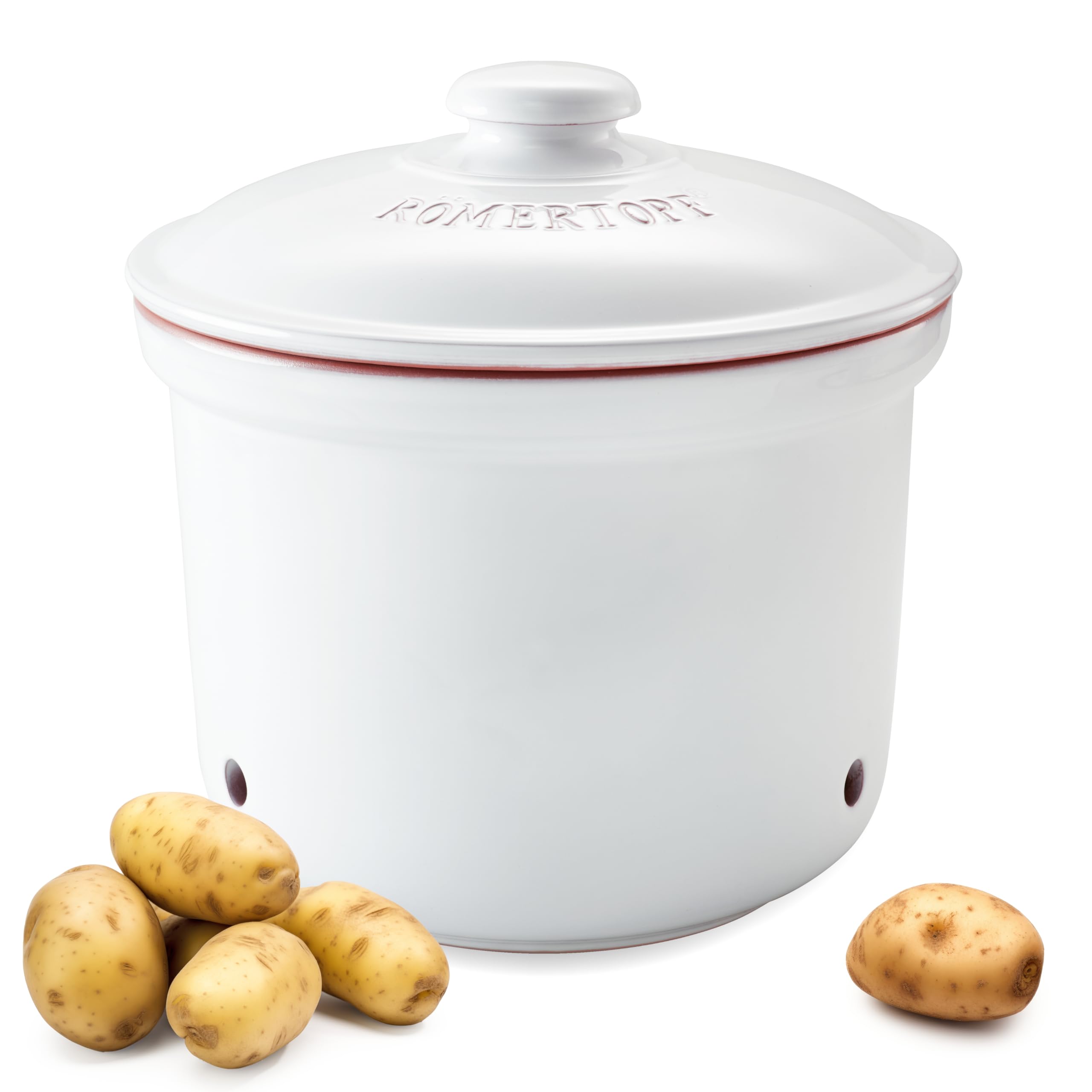 Römertopf Kartoffeltopf MAXI PLUS aus Naturton, weiß, Ø 26 x 25 cm, 5,5 L, belüfteter Keramik-Vorratstopf für ca. 3 kg Kartoffeln & Gemüse, Unterteil glasiert, spülmaschinengeeignet