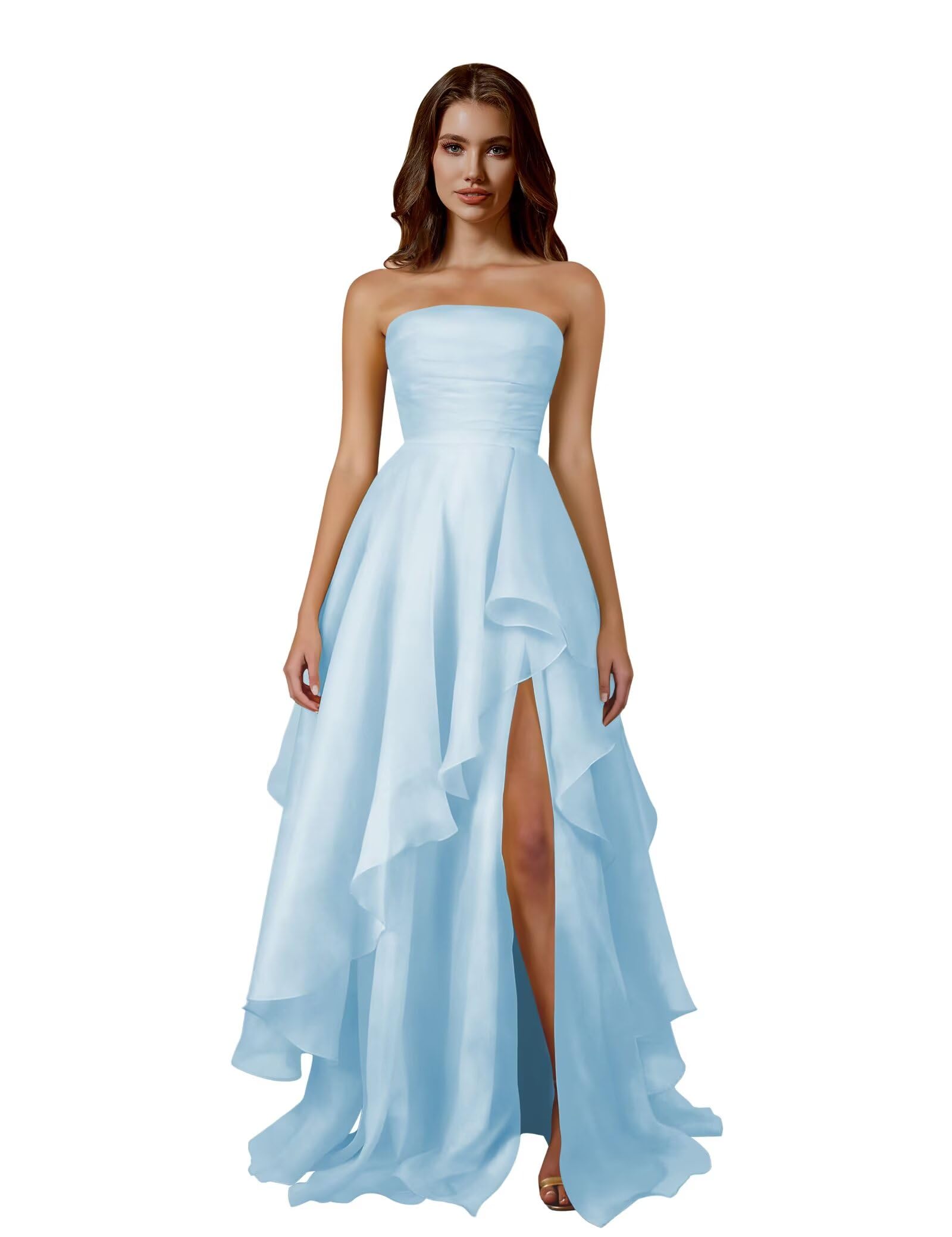 Rjer Strapless Tiered Prom Dresses Long Ruffle Tulle A Line Evening Ball Gown Dresses with Slit