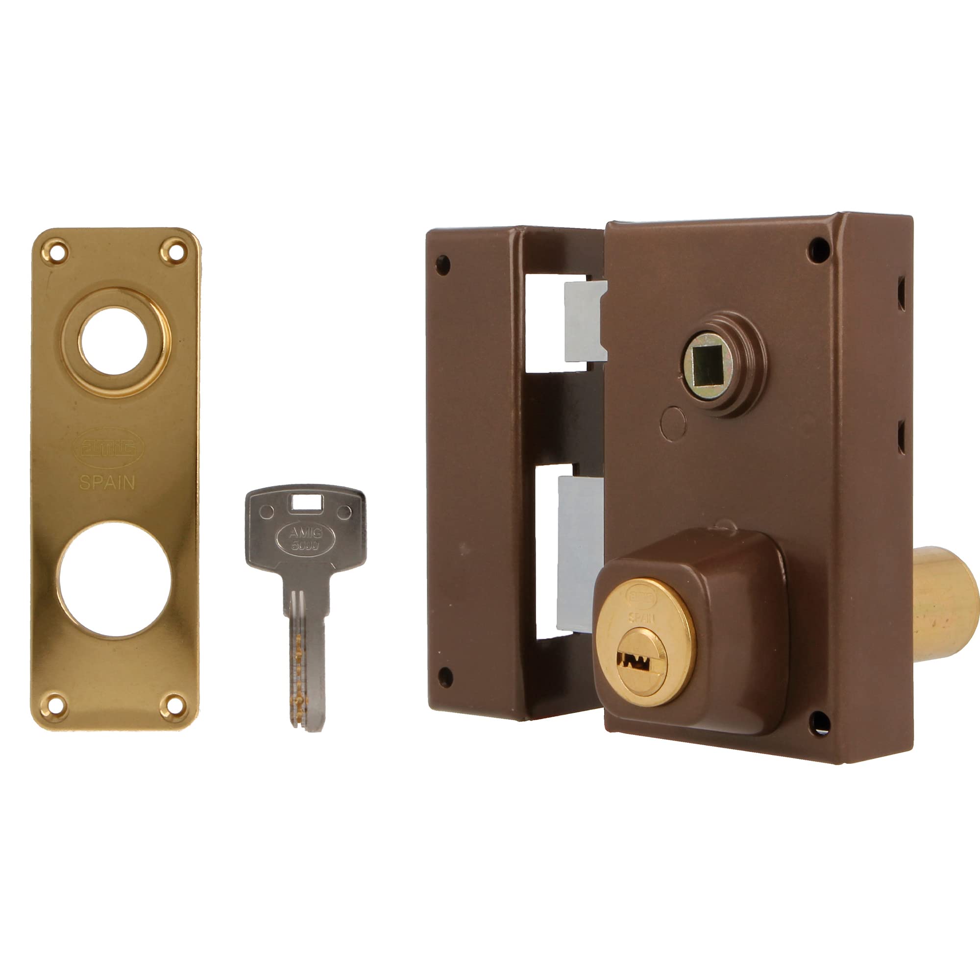 Amig - Lewa blokada z dźwignią zamykającą, łopatką i kwadratem do drewnianych drzwi mod. 75N / 67 x 112 mm/okrągły cylinder bezpieczeństwa/stal brązowa