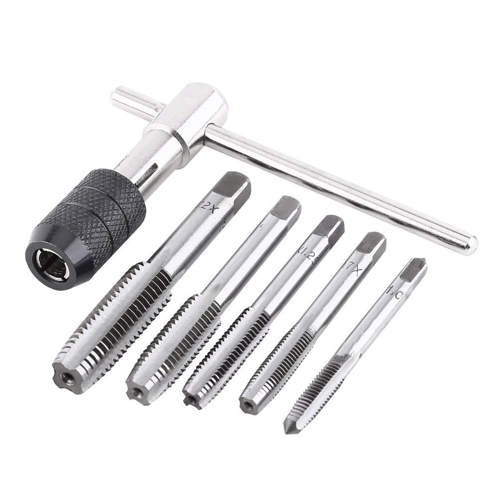 T-Handle Wrench Threading Tap Set 5pcs Metric Thread Tap with T Tap Wrench, M6 M7 M8 M10 M12 Wrench Metric Hand Thread Tap