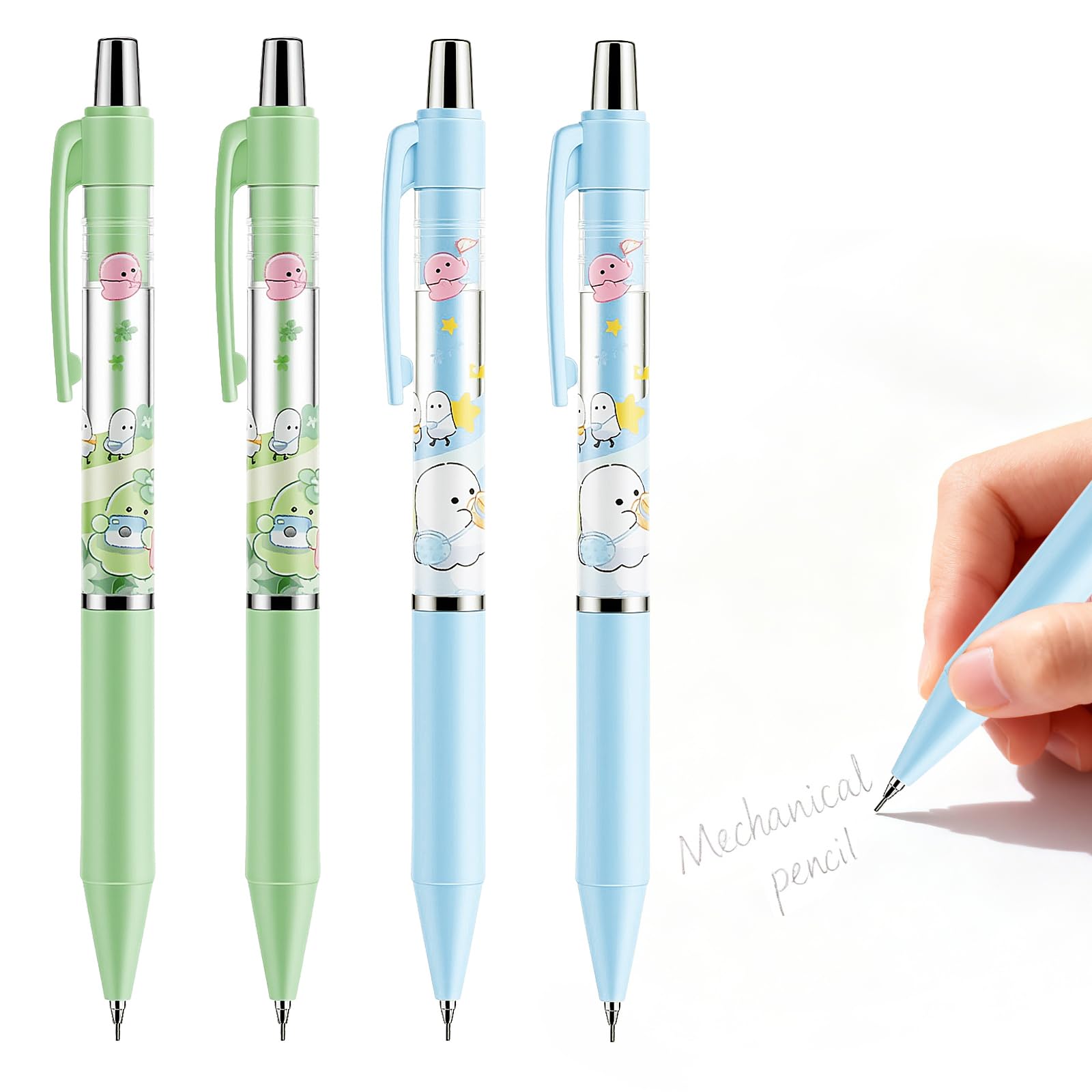 Lot de 4 porte-mines mignons verts avec gomme de 0,5 mm et 0,7 mm - Kawaii - Pour l'école, le bureau, l'écriture, le dessin