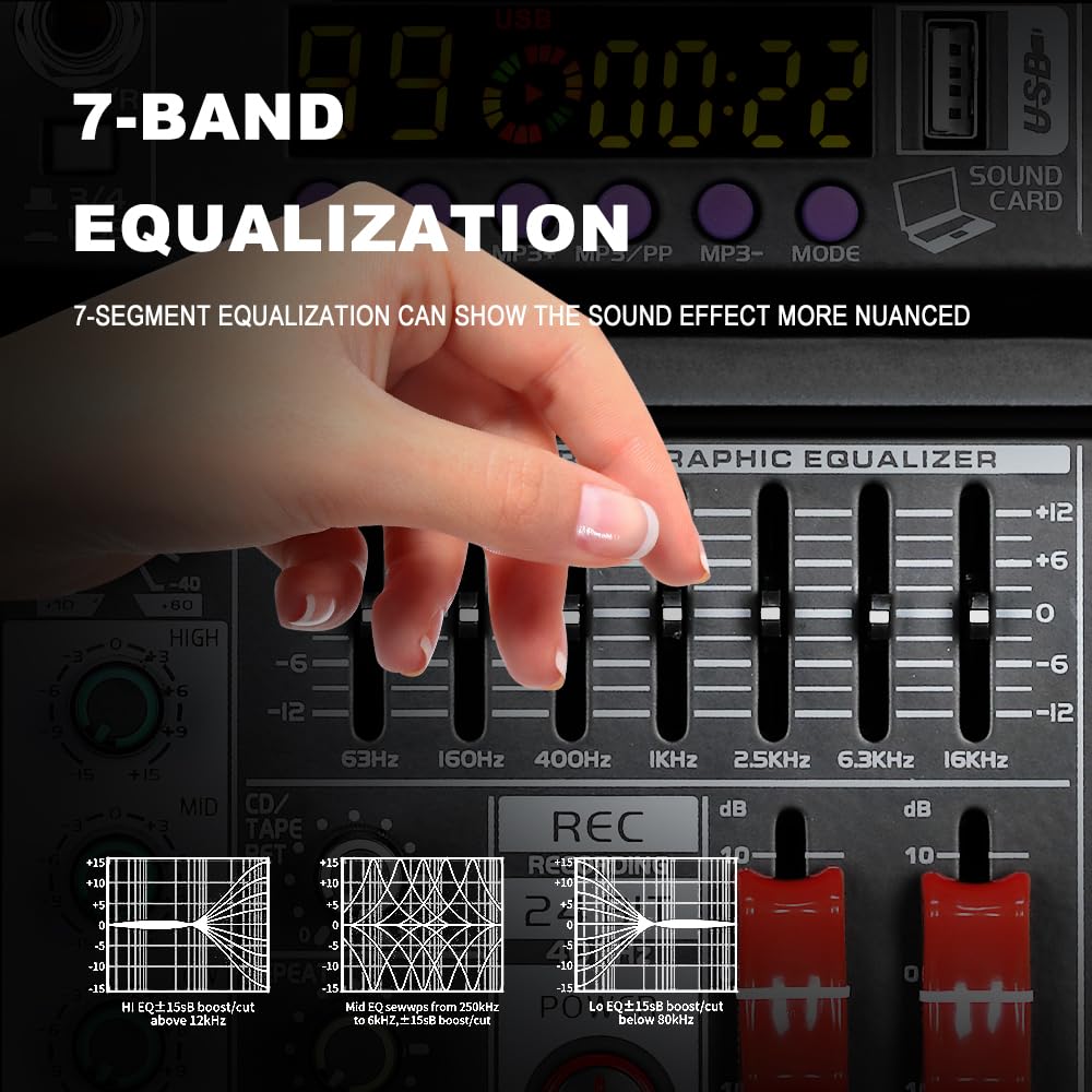 BOMGE Mezclador de audio 04A, consola de mezcla de placa de sonido profesional con USB/Bluetooth/computadora/mezclador de DJ de entrada estéreo de 4 canales, efecto Phantom Digital 99 DSP de 48 V para