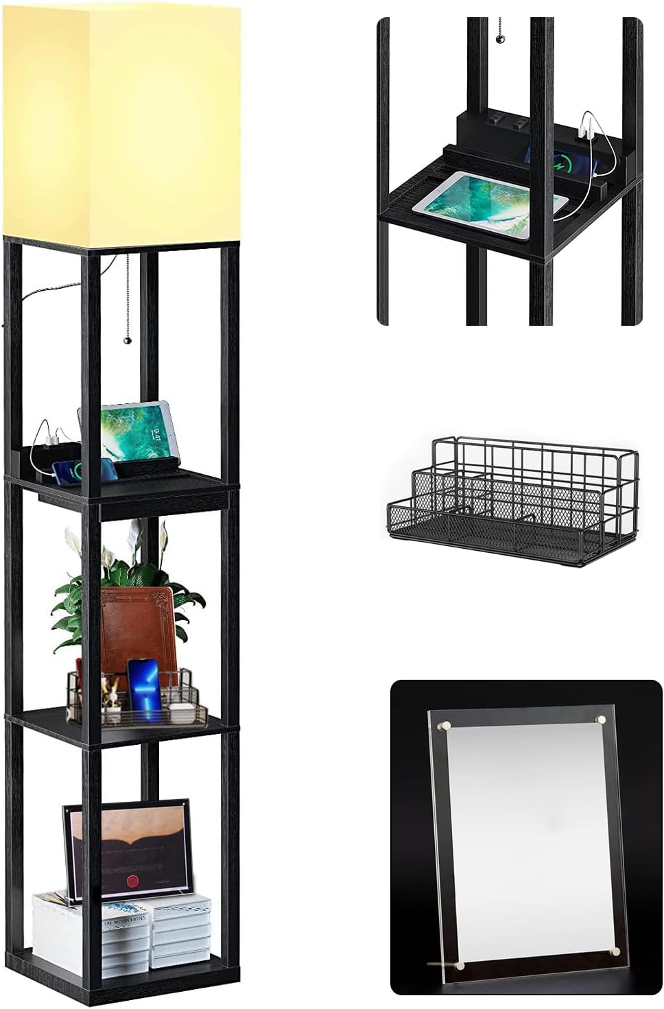 NUNET Floor Lamp w. Shelves Including 2AC Outlets & 2USB Ports 9W LED Light Bulb 3 Color Temperature Soft/Cool/Daylight White w. 1PC Acrylic Photo Frame & 1PC Pen Holder for Living Room/Bedroom