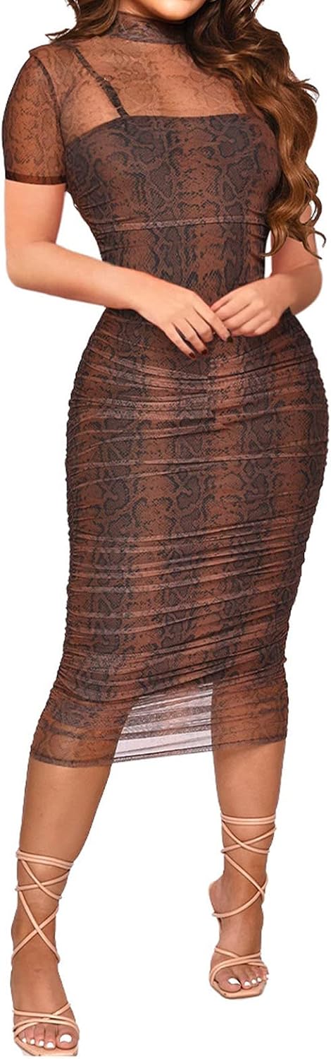 Fastkoala Women Sexy Long Sleeve Printed Sheer Mesh Bodycon Midi Dress See Through Slim Fit Party Clubwear Night Dress