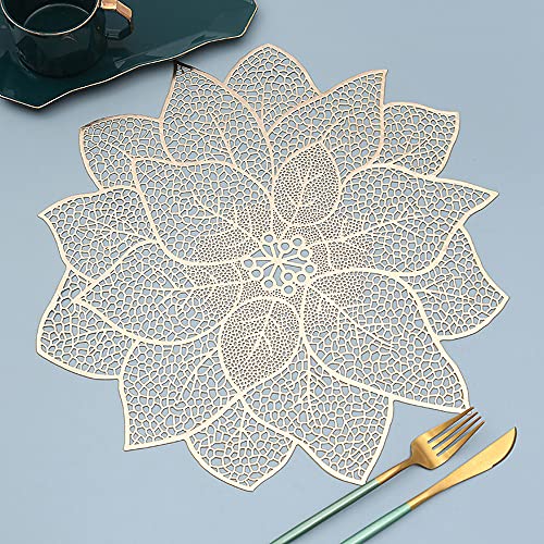Hosoncovy Lot de 4 sets de table en PVC imperméable et résistant à l'huile - pour table de maison, fête, mariage - Motif lotus (doré) Cover