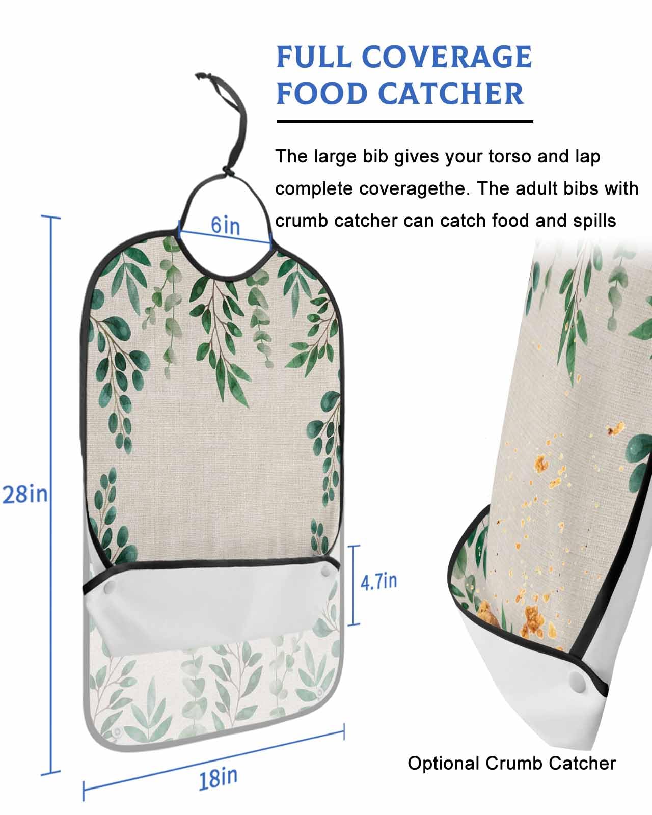 LEOKOTI Green Botanical Adult Bibs for Eating, Waterproof Bibs with Food Catcher & Adjustable Snap Closure, Watercolor Eucalyptus Leaves Farmhouse Washable Clothing Protectors Adult Bibs for Elderly