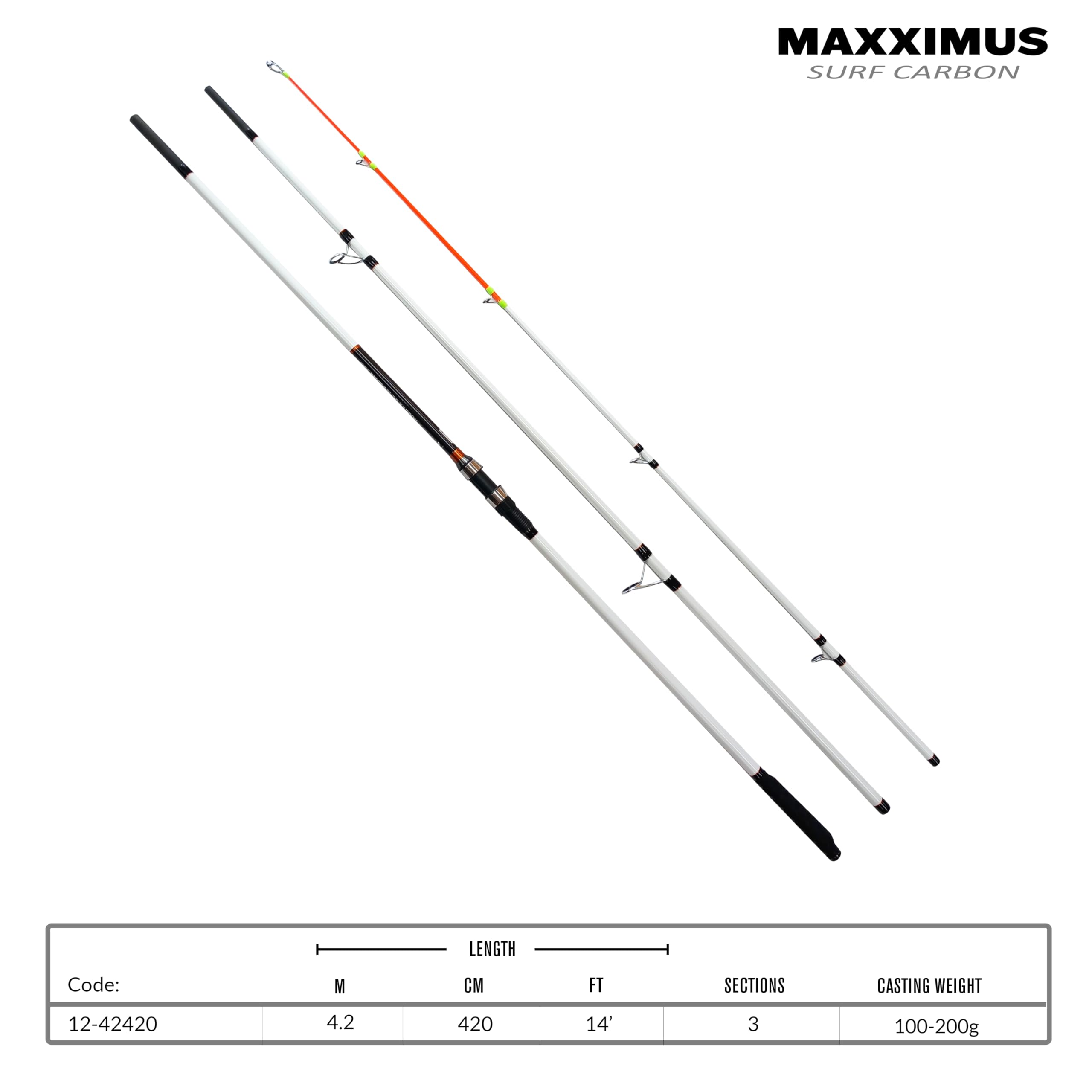FLADEN MAXXIMUS Surf Carbon wędka surfingowa, 420 cm, waga wyrzutowa 100-200 g, 3-częściowy, wędka surfingowa