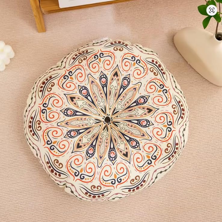 Mandala Pillow Cushion 16 x 16 Round Cushion for Yoga, Balcony, Patio, Meditation (White Mandala...