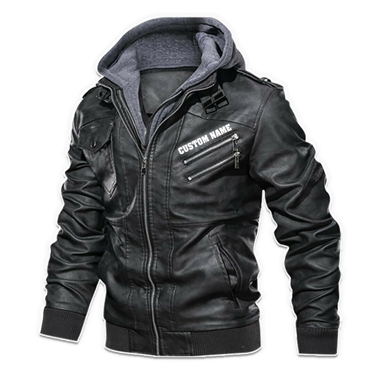 orealexpress Bike Grandpa Motorcycle Rider Retirement Gift Papa Biker Personalized Mens PU Leather Coat Custom Motorcycle Jacket Removable Hood Black