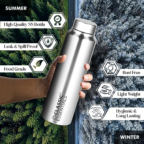 Image of CLASSIC ESSENTIALS Spring Stainless Steel Single Walled Fridge Water Bottle (1000ml,Silver) Leakproof BPA free Lids,Great For Travel,Picnic,Camping Etc.