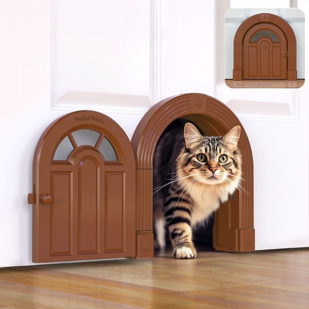 Meow Manor® XL Interior Cat Door – No-Flap Pet Door for Interior Doors, Easy DIY Installation, Cat Door for Cats up to 30 lbs, Brown