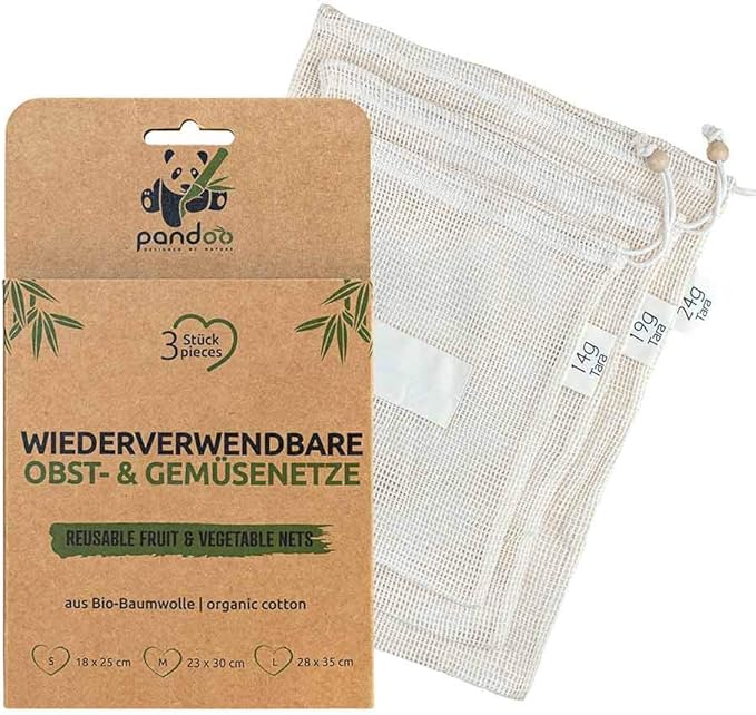 pandoo 3er Pack Obst- und Gemüsenetze aus Bio-Baumwolle | 3 Einkaufs-Netze | Plastikfrei und Unverpackt Einkaufen | Wiederverwendbare Einkaufstaschen